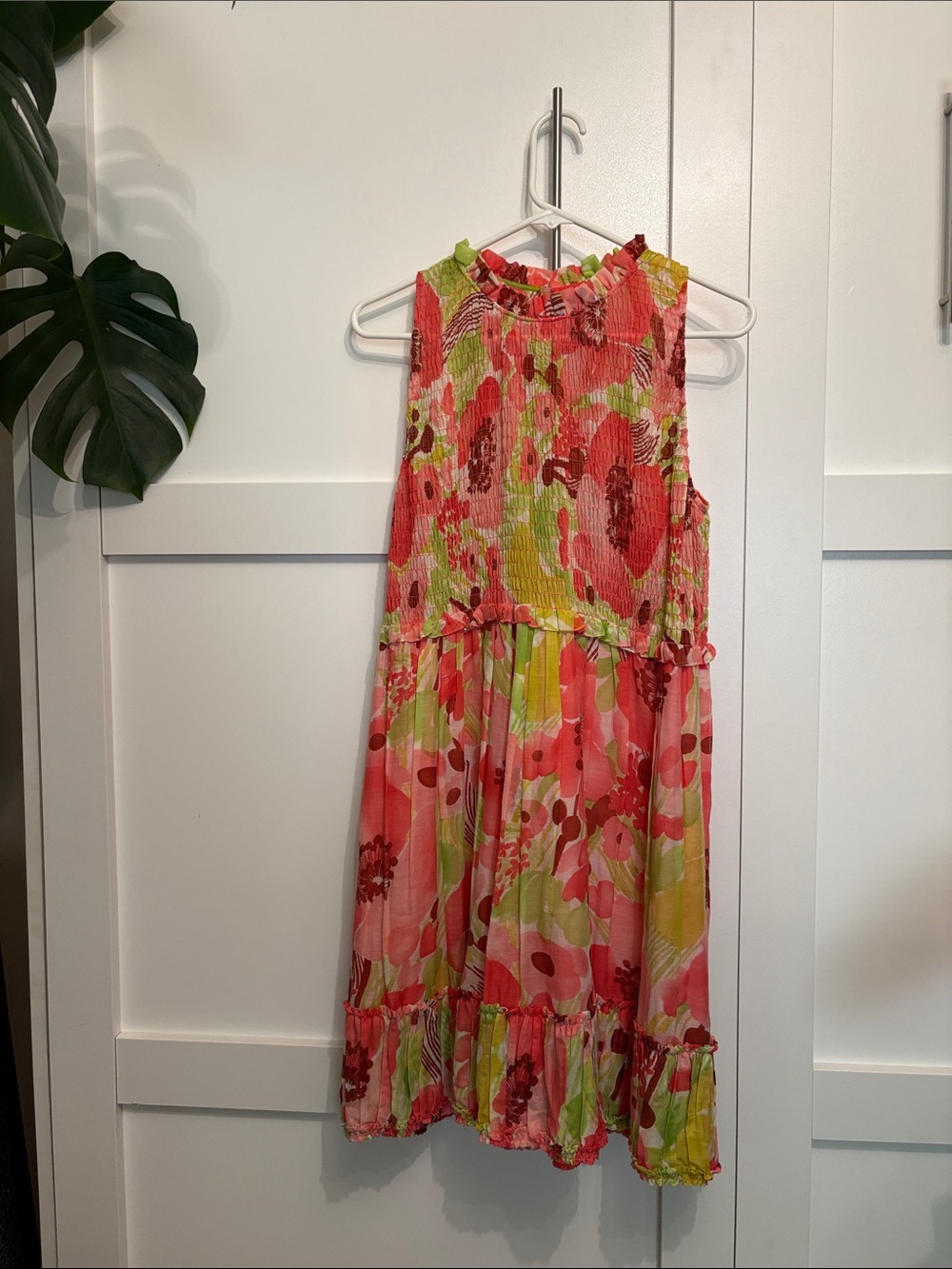 Rebecca Taylor Coral Pink and Lime Green Floral Midi Dress